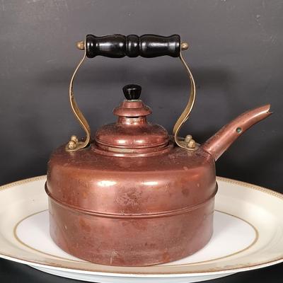 LOT 230: Vintage Copper Kettle, Etched Glass and Silver Creamer and Sugar Bowl, Silver Plated Tea Spoons & More