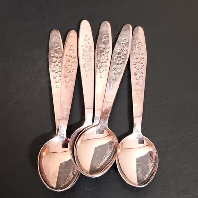 LOT 230: Vintage Copper Kettle, Etched Glass and Silver Creamer and Sugar Bowl, Silver Plated Tea Spoons & More