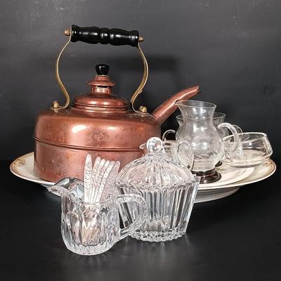LOT 230: Vintage Copper Kettle, Etched Glass and Silver Creamer and Sugar Bowl, Silver Plated Tea Spoons & More