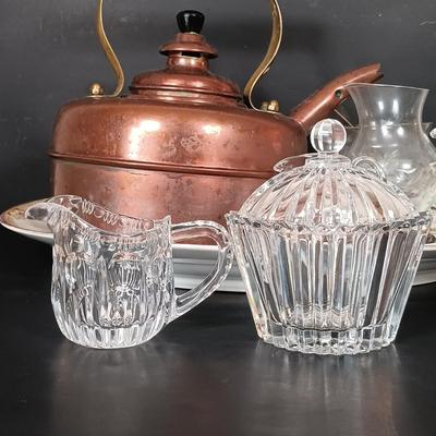 LOT 230: Vintage Copper Kettle, Etched Glass and Silver Creamer and Sugar Bowl, Silver Plated Tea Spoons & More