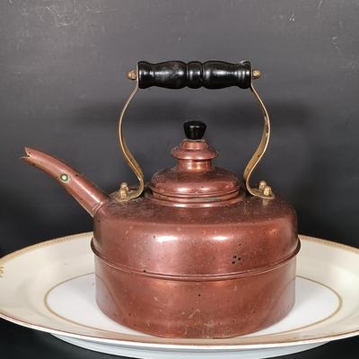 LOT 230: Vintage Copper Kettle, Etched Glass and Silver Creamer and Sugar Bowl, Silver Plated Tea Spoons & More