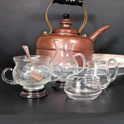 LOT 230: Vintage Copper Kettle, Etched Glass and Silver Creamer and Sugar Bowl, Silver Plated Tea Spoons & More