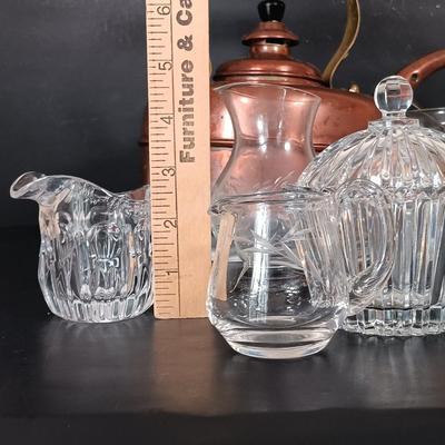 LOT 230: Vintage Copper Kettle, Etched Glass and Silver Creamer and Sugar Bowl, Silver Plated Tea Spoons & More