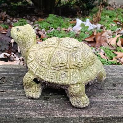 LOT 242: Lawn Ornaments - Concrete Rabbit, Pottery Turtle & Pottery Plant Holder