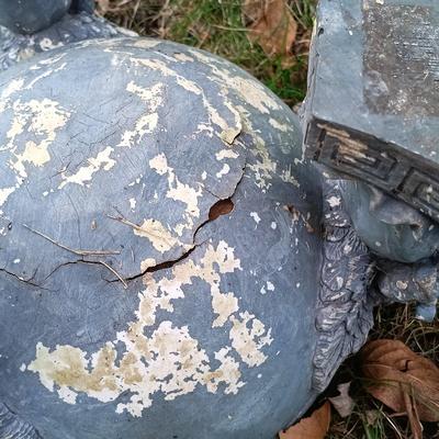 LOT 242: Lawn Ornaments - Concrete Rabbit, Pottery Turtle & Pottery Plant Holder