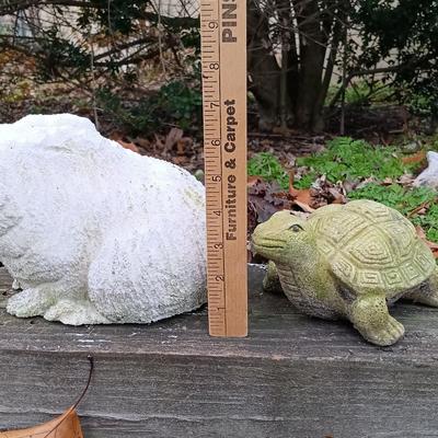 LOT 242: Lawn Ornaments - Concrete Rabbit, Pottery Turtle & Pottery Plant Holder