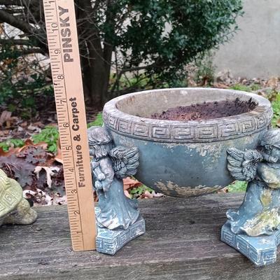LOT 242: Lawn Ornaments - Concrete Rabbit, Pottery Turtle & Pottery Plant Holder