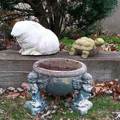 LOT 242: Lawn Ornaments - Concrete Rabbit, Pottery Turtle & Pottery Plant Holder