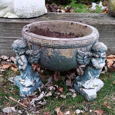 LOT 242: Lawn Ornaments - Concrete Rabbit, Pottery Turtle & Pottery Plant Holder