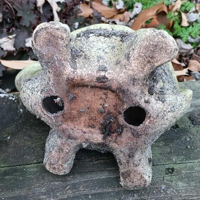 LOT 242: Lawn Ornaments - Concrete Rabbit, Pottery Turtle & Pottery Plant Holder