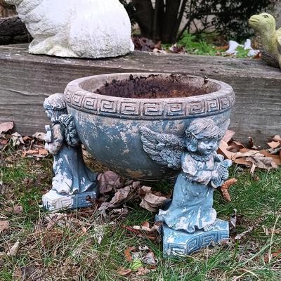 LOT 242: Lawn Ornaments - Concrete Rabbit, Pottery Turtle & Pottery Plant Holder