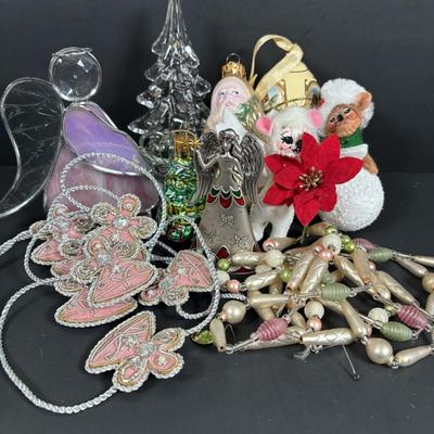 LOT 245: Annalee Ornaments, Stained Glass Angel, Crystal Tree, Father Christmas Ornament & More