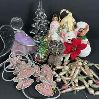 LOT 245: Annalee Ornaments, Stained Glass Angel, Crystal Tree, Father Christmas Ornament & More