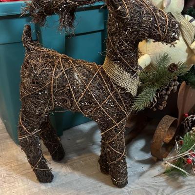 LOT 247: Large Holiday Collection: Faux Poinsettias, Twig Reindeer, Primitive Snowman w/Sled, Wreaths
