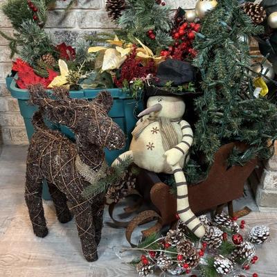 LOT 247: Large Holiday Collection: Faux Poinsettias, Twig Reindeer, Primitive Snowman w/Sled, Wreaths