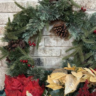 LOT 247: Large Holiday Collection: Faux Poinsettias, Twig Reindeer, Primitive Snowman w/Sled, Wreaths