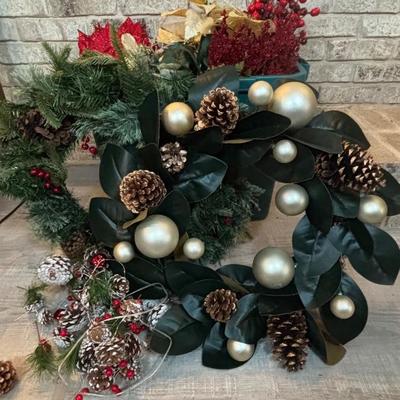 LOT 247: Large Holiday Collection: Faux Poinsettias, Twig Reindeer, Primitive Snowman w/Sled, Wreaths