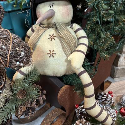 LOT 247: Large Holiday Collection: Faux Poinsettias, Twig Reindeer, Primitive Snowman w/Sled, Wreaths