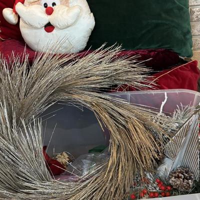 LOT 248: Holiday Pillows, Musical Santa Faces, Ornaments, Centerpiece, Ornaments &n More