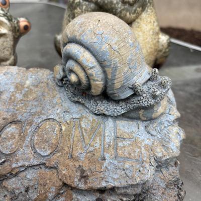 LOT 251: Garden Welcome Sculpture w/Snail and Ceramic Frogs