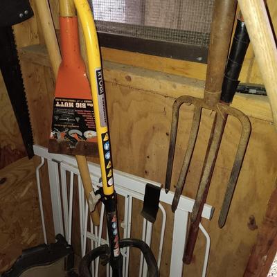 LOT 259: Tool Collection- Ryobi Weed Eater and Pole Saw, Sledgehammer, Pick & More