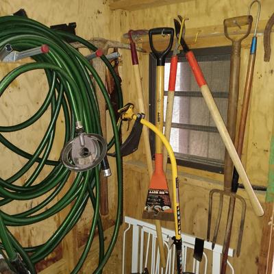 LOT 259: Tool Collection- Ryobi Weed Eater and Pole Saw, Sledgehammer, Pick & More