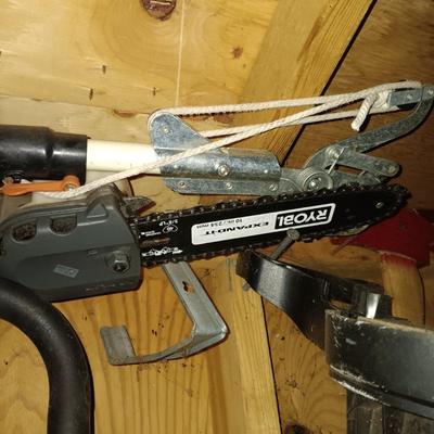 LOT 259: Tool Collection- Ryobi Weed Eater and Pole Saw, Sledgehammer, Pick & More