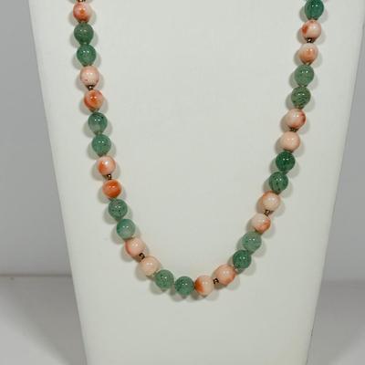 LOT 272: Pink Tourmaline & Jade Bead Necklace w/14K Clasp, 3 Strand Beaded Coral Necklace w/14K Clasp & Gold Tone Bangle Bracelet
