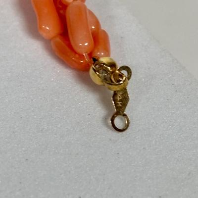 LOT 272: Pink Tourmaline & Jade Bead Necklace w/14K Clasp, 3 Strand Beaded Coral Necklace w/14K Clasp & Gold Tone Bangle Bracelet