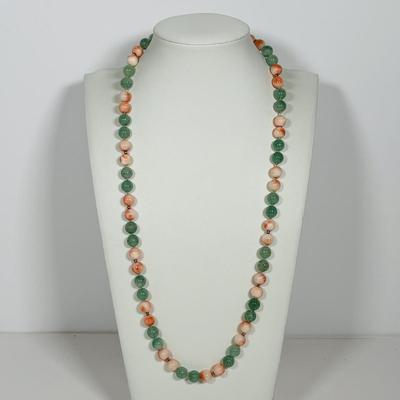 LOT 272: Pink Tourmaline & Jade Bead Necklace w/14K Clasp, 3 Strand Beaded Coral Necklace w/14K Clasp & Gold Tone Bangle Bracelet