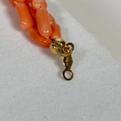 LOT 272: Pink Tourmaline & Jade Bead Necklace w/14K Clasp, 3 Strand Beaded Coral Necklace w/14K Clasp & Gold Tone Bangle Bracelet