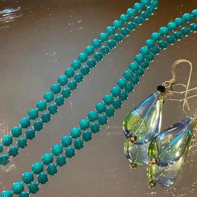 Knotted turquoise with matrix line necklace and sterling hand blown Murano glass earrings