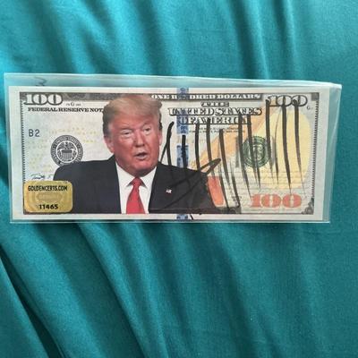 Donald Trump Hand Signed Autographed Novelty $100 Bill W/COA.