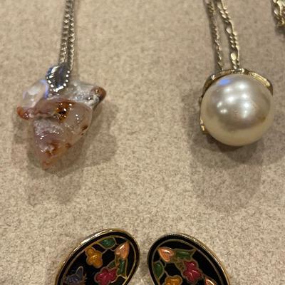 Moss agate, faux pearl and cloisonné clip ons