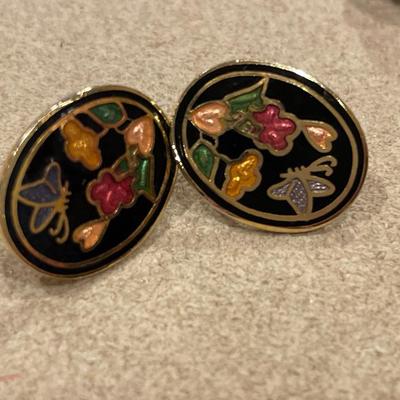 Moss agate, faux pearl and cloisonné clip ons