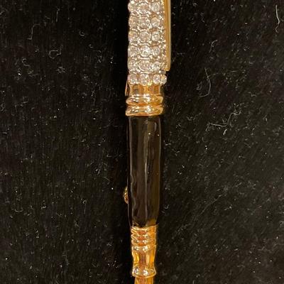 Rhinestone black enamel fountain pen brooch