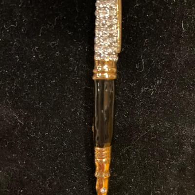 Rhinestone black enamel fountain pen brooch
