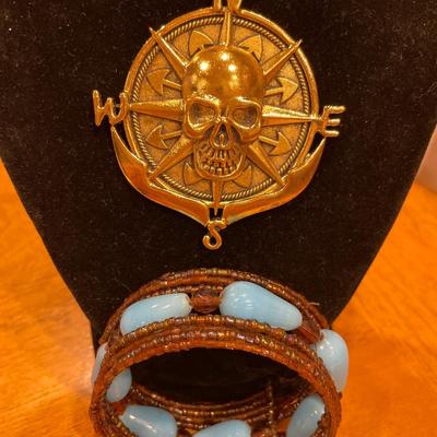 Pirate medallion and glass bead bracelet