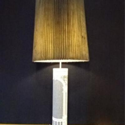 LOT 95D: TALL MID CENTURY TABLE LAMP WITH FORNASETTI WALLPAPERED COLUMN BASE