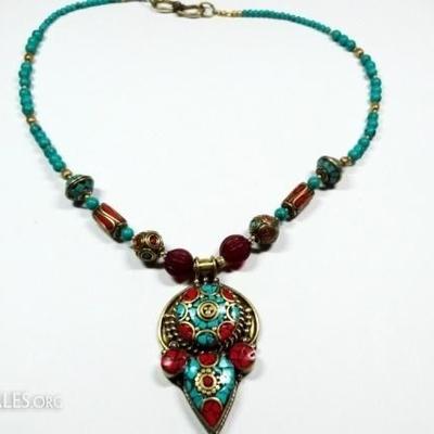 LOT 52D: TIBETAN TURQUOISE, LAPIS & RED GLASS BEAD NECKLACE