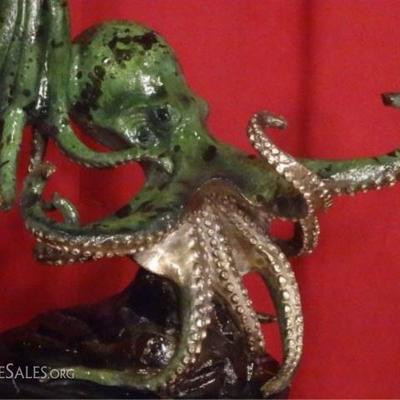 LOT 65B: LARGE PATINATED BRONZE SCULPTURE, 2 OCTOPUSES, ON MARBLE BASE