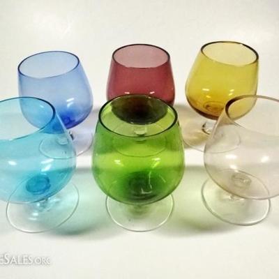 LOT 99: 6 PC HAND BLOWN BRANDY SNIFTERS, MULTI COLOR, APPROX 3"H - 3.25"H