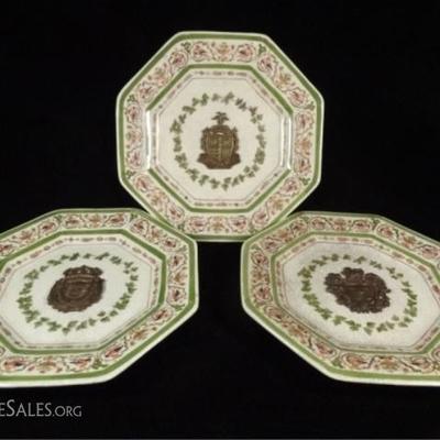 LOT 23C: 3 PC PORCELAIN PLATES WITH BRONZE APPLIQUES