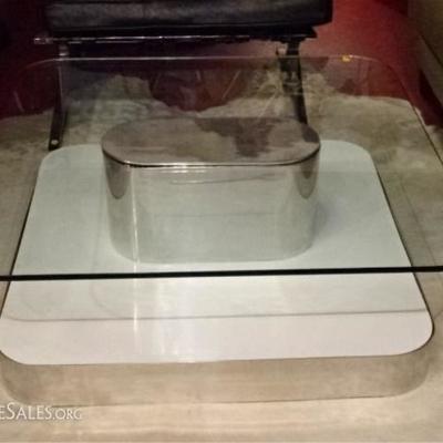 LOT 23A: 1970's GLASS AND POLISHED ALUMINUM COFFEE TABLE