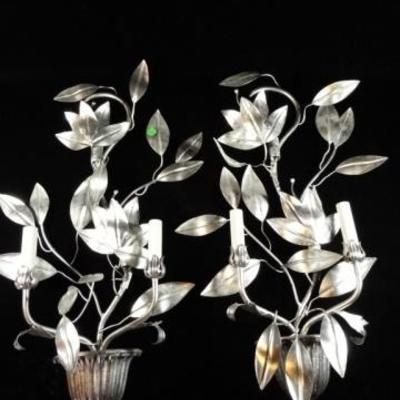 LOT 93D: PAIR SILVER METAL WALL SCONCE CANDLE HOLDERS, APPROX 25" X 12"