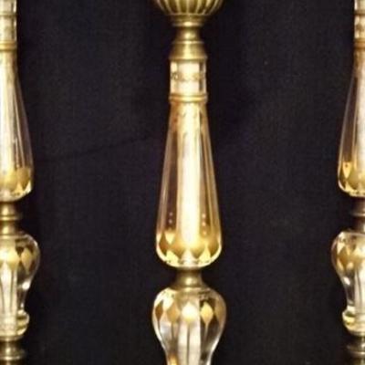 LOT 17C: 4 TALL METAL AND ACRYLIC CANDLE HOLDERS, GOLD FINISH