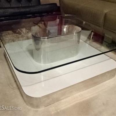 LOT 23A: 1970's GLASS AND POLISHED ALUMINUM COFFEE TABLE