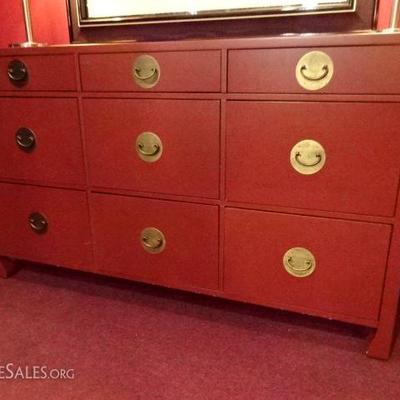 LOT 28: CINNABAR RED ASIAN INSPIRED CHEST, 9 DRAWERS