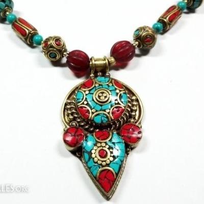 LOT 52D: TIBETAN TURQUOISE, LAPIS & RED GLASS BEAD NECKLACE
