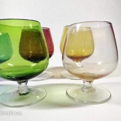 LOT 99: 6 PC HAND BLOWN BRANDY SNIFTERS, MULTI COLOR, APPROX 3"H - 3.25"H